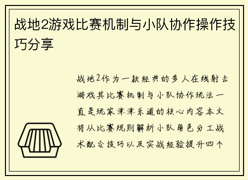 战地2游戏比赛机制与小队协作操作技巧分享