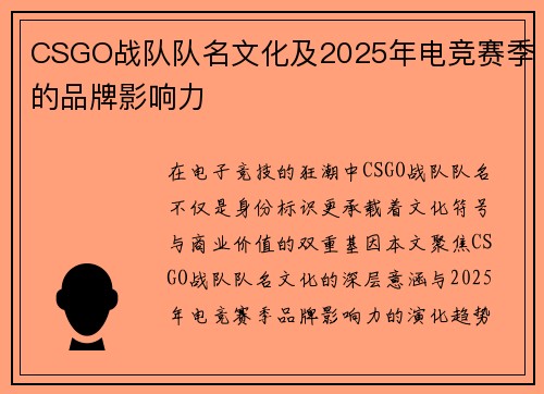 CSGO战队队名文化及2025年电竞赛季的品牌影响力