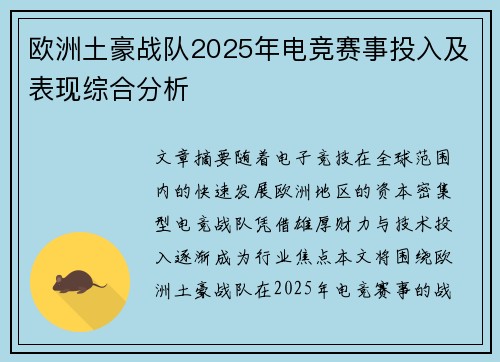 欧洲土豪战队2025年电竞赛事投入及表现综合分析